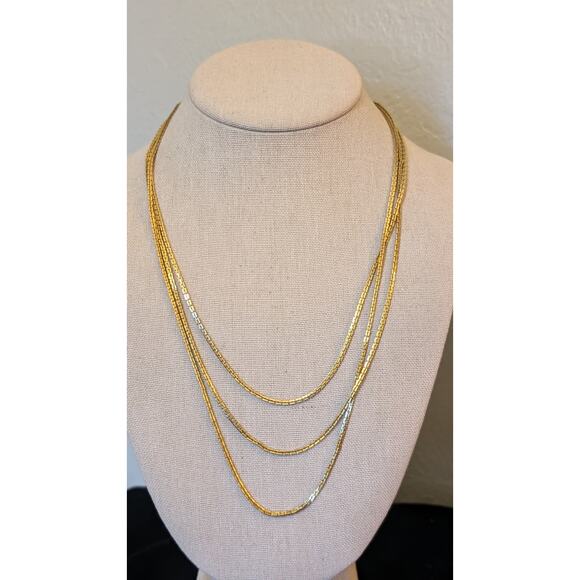 Vintage Three Strand Rectangle Chain Link Gold Tone Necklace - Picture 1 of 7